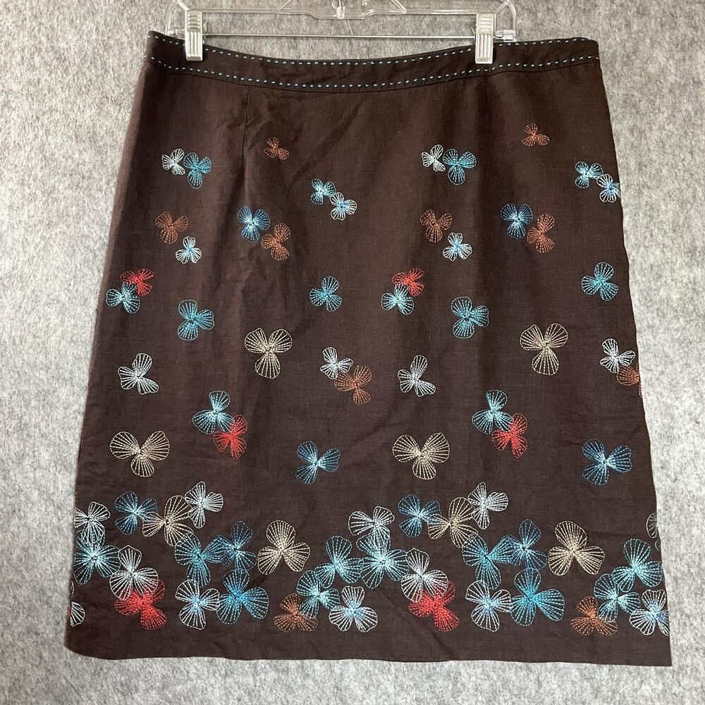 Vintage Alfani Woman Skirt Womens 16W Brown Floral Embroidered Linen Blend